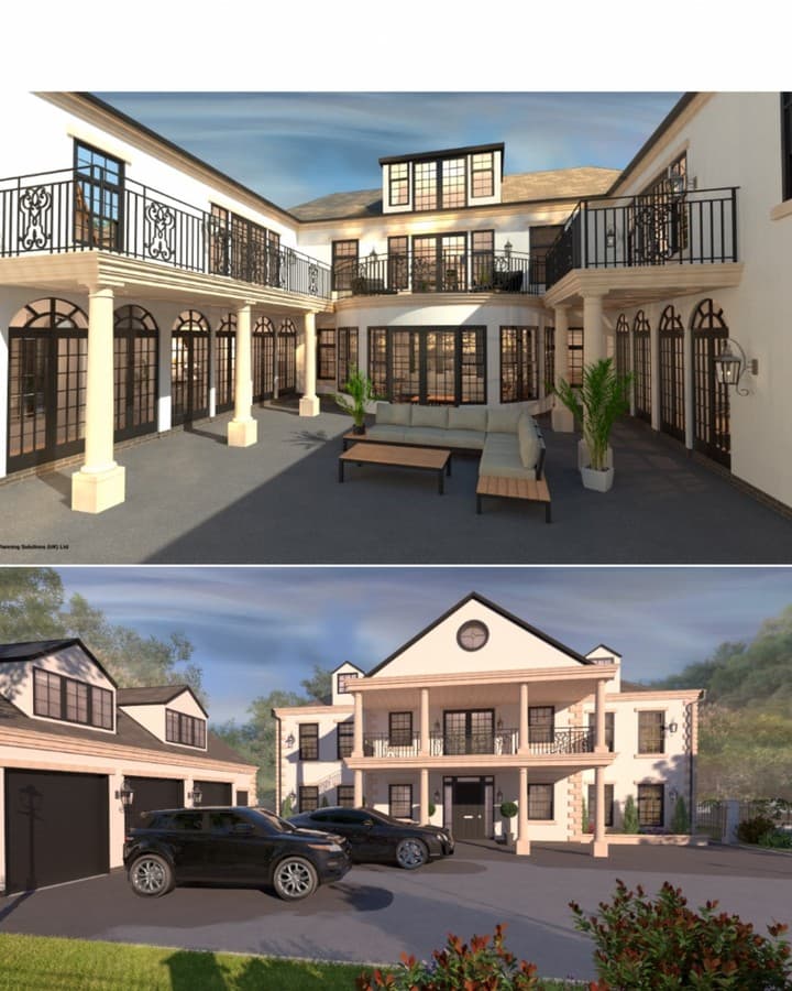 Architectural render of a classical luxury residence with courtyard